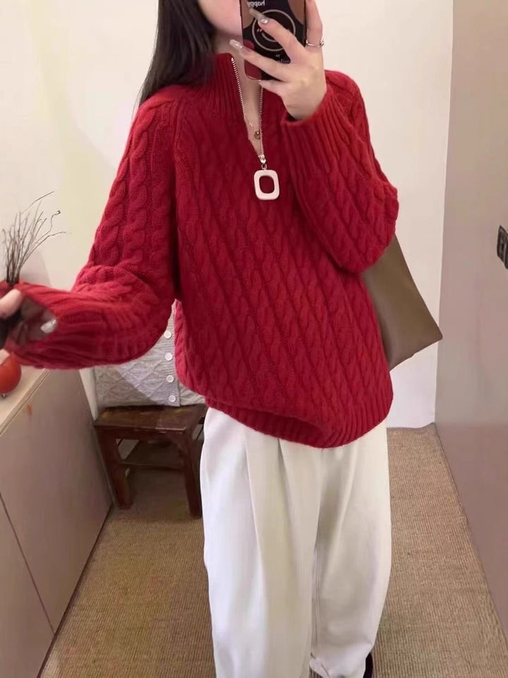 Women Oversize Cable Knit Fine Knit Sweater with Half Zipper and Stand-up Collar Mune Fashion