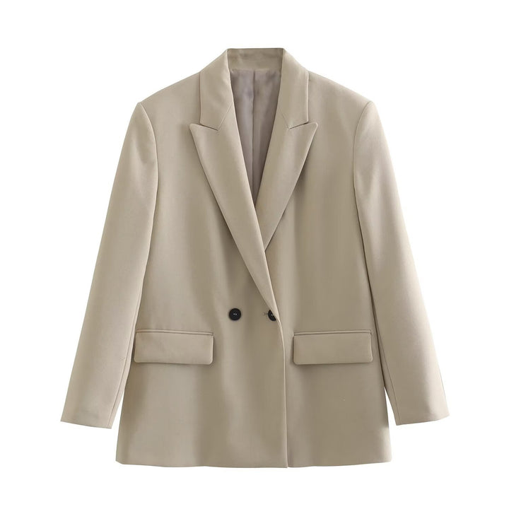 Ladies Double-Breasted Long Blazer with Wide Shawl Collar and Patch Pockets Mune Fashion