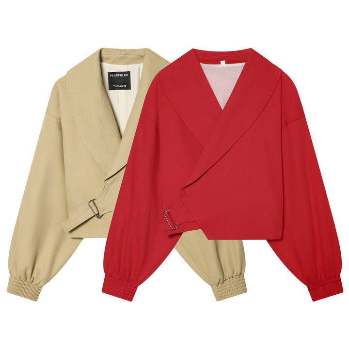 Women short wrap jacket with large shawl collar, belted waist and balloon sleeves Mune Fashion