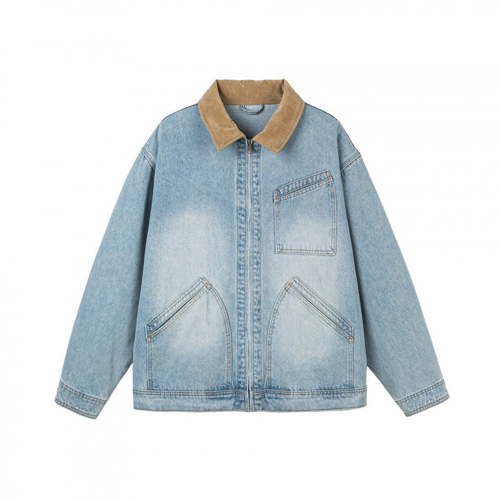 Men's Oversized Denim Jacket with Cord Collar and Diagonal Chest Pocket Detail Mune Fashion