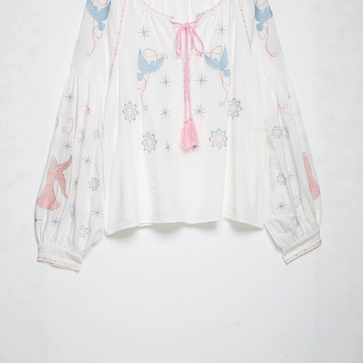 Women Embroidered Airy Boho Tunic with Tassel Band and Balloon Sleeves Mune Fashion