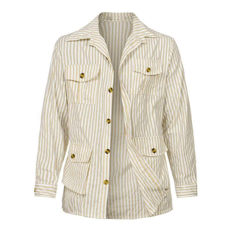Women's striped shirt jacket made of cotton blend with patch breast and hip pockets Mune Fashion