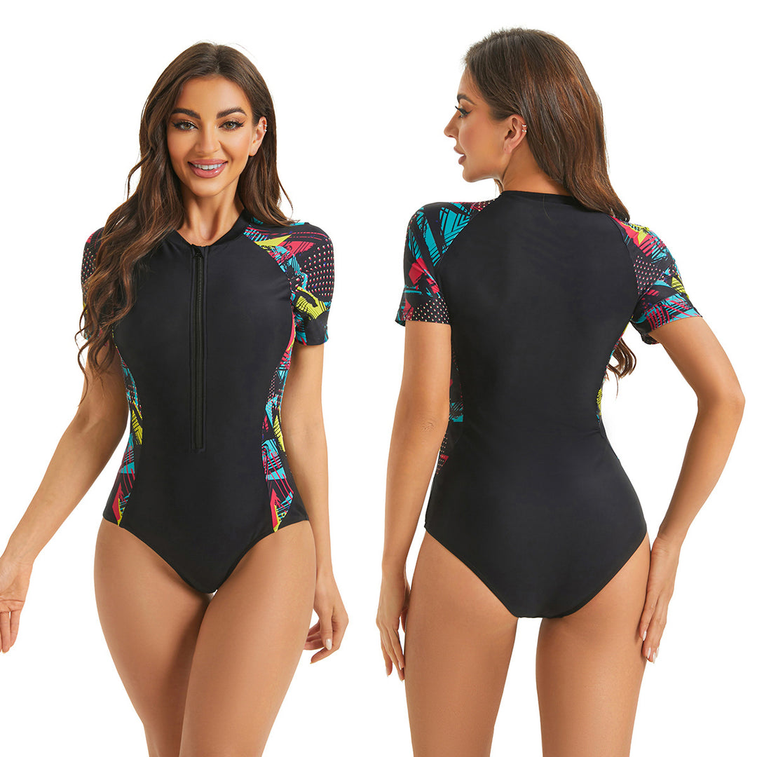 Ladies Sporty Short Sleeve Swimsuit with Colorful Pattern Mune Fashion