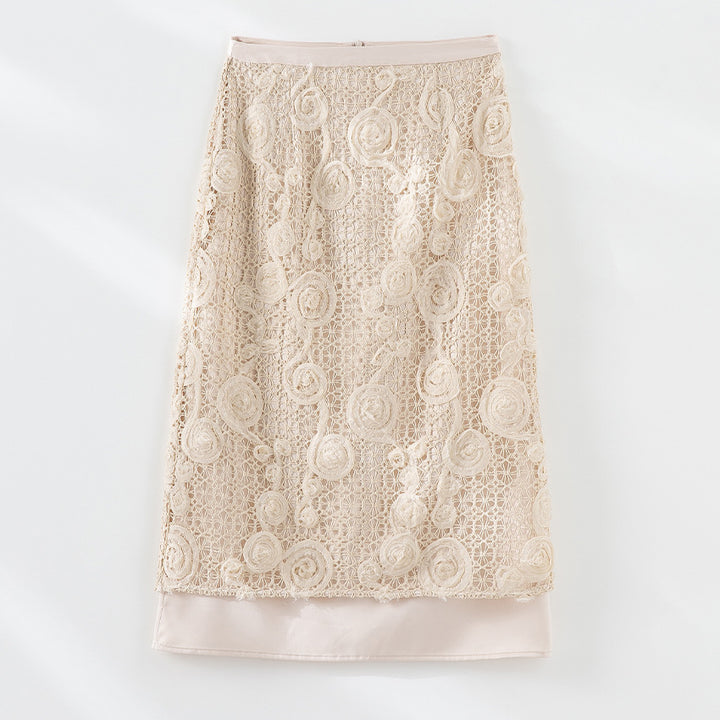 Women's lace midi skirt with floral crochet lace and opaque lining Mune Fashion