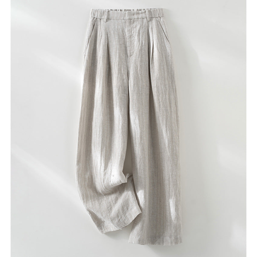 Women's Wide Linen Trousers with Pleats High Waist and Elastic Back Mune Fashion