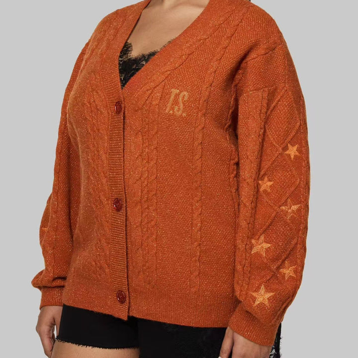 Women's oversized chunky knit cardigan with cable pattern, V-neck and star embroidery Mune Fashion
