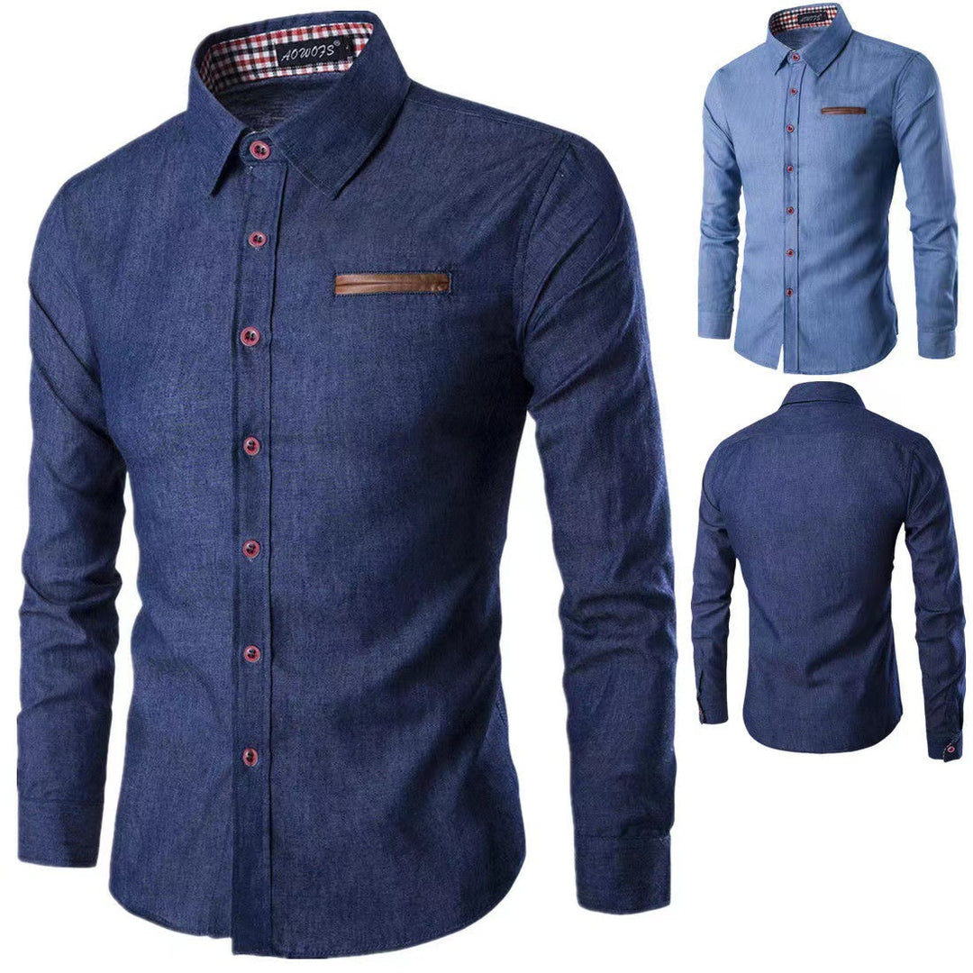Men's Slim-Fit Denim Shirt with Chest Pocket and Checked Collar Lining Mune Fashion