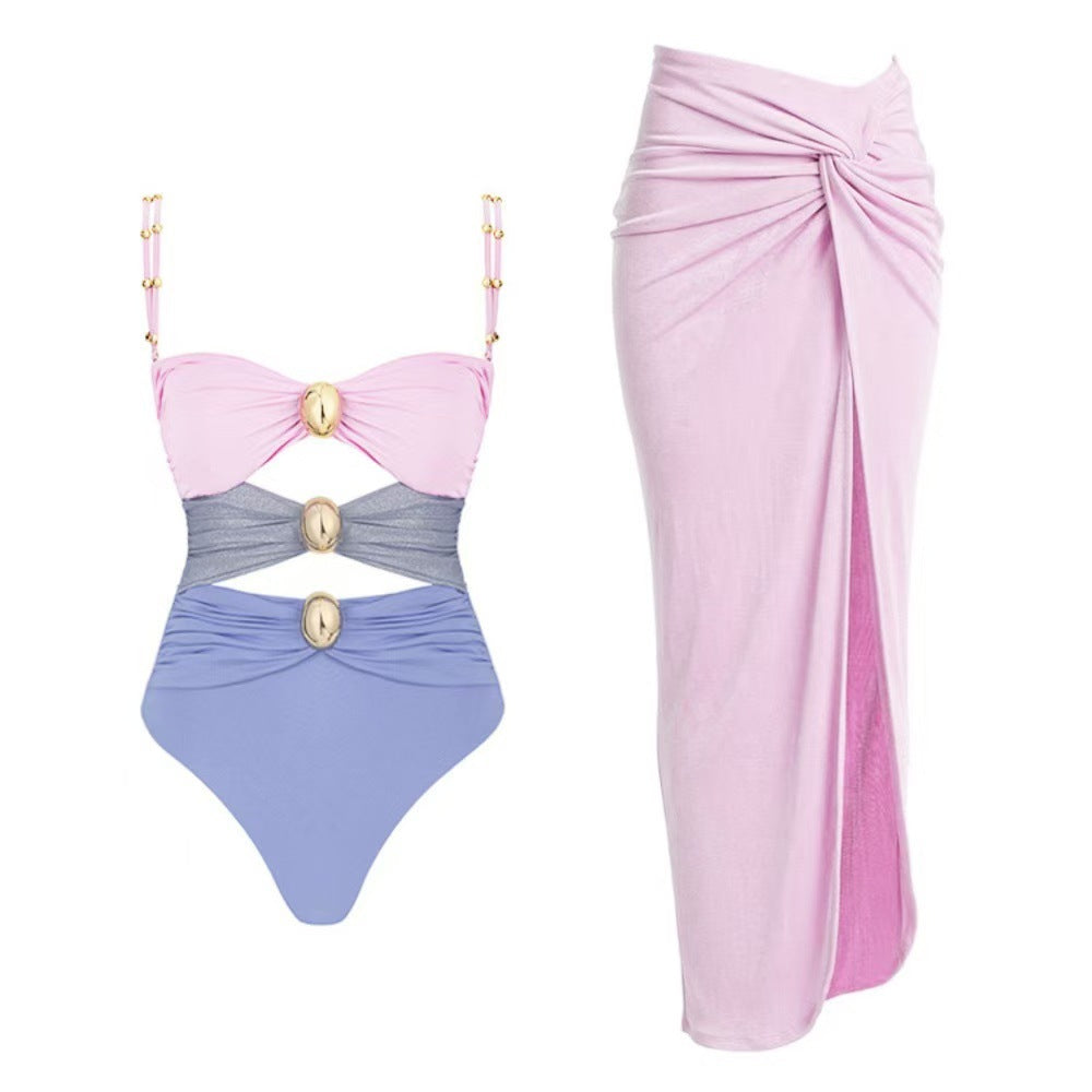 Ladies' one-piece swimsuit with fashionable lacing details and chic beach maxi skirts Mune Fashion