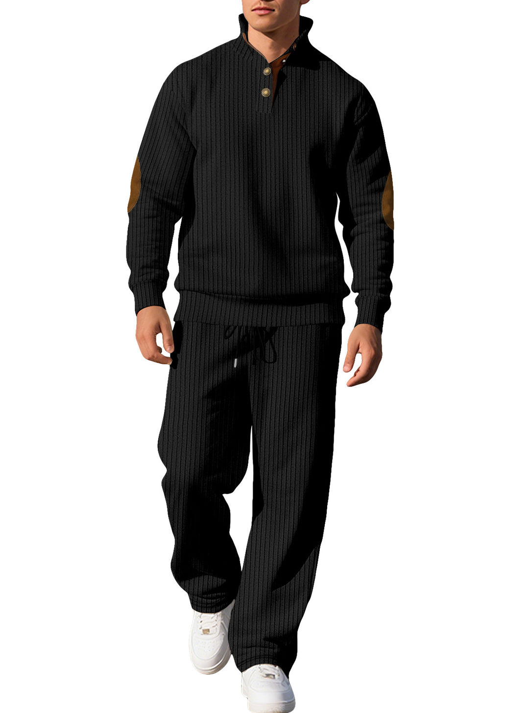 Men's fine ribbed sweater with half button placket, high stand-up collar, and contrasting suede elbow patches Mune Fashion