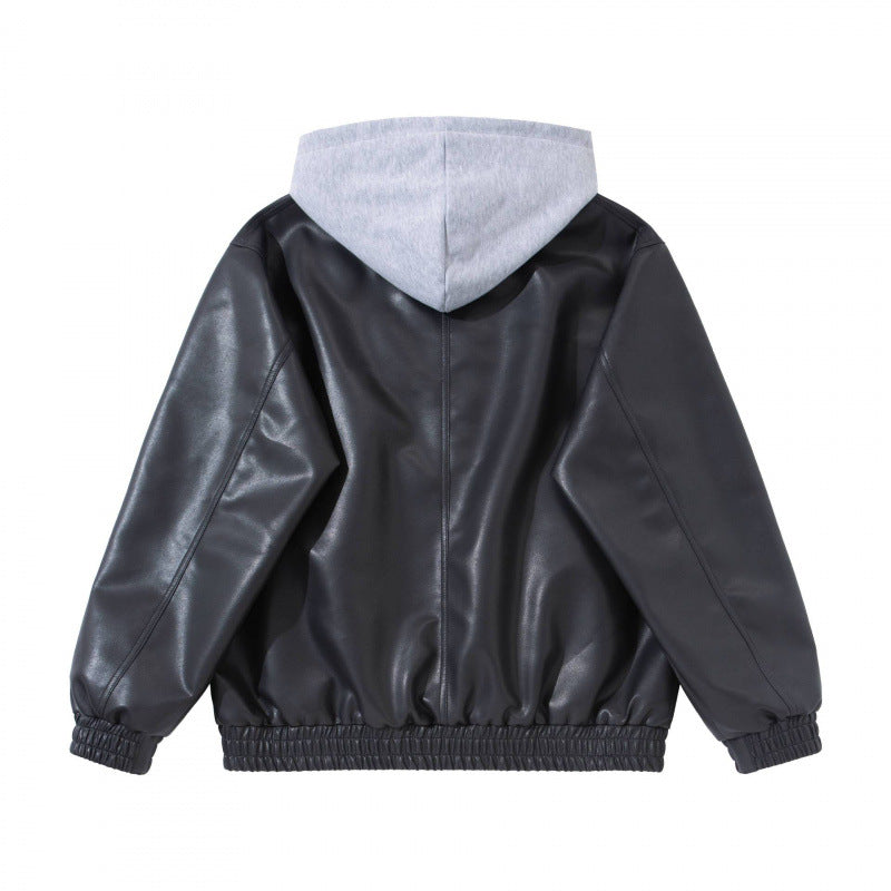 Unisex Oversize Faux Leather Bomber Jacket with Contrasting Hood, Zipper and Elastic Hem Mune Fashion