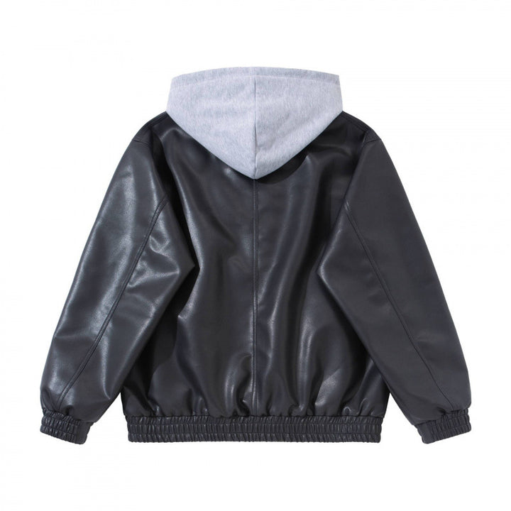 Unisex Oversize Faux Leather Bomber Jacket with Contrasting Hood, Zipper and Elastic Hem Mune Fashion