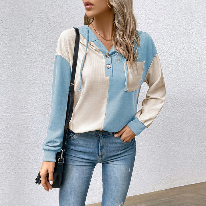 Women's Colorblock Hoodie with Waffle Texture, Button Placket and Chest Pocket Mune Fashion