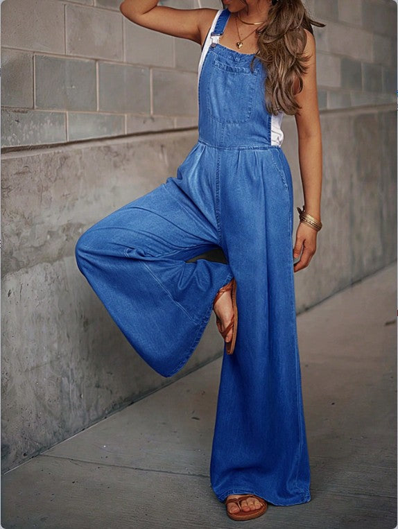 Women's Wide Denim Overall in Palazzo Cut with Adjustable Straps Mune Fashion