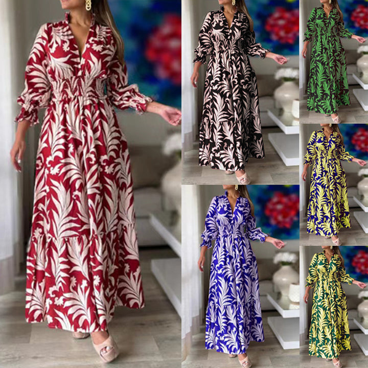 Women Long Maxi Dress with V-Neck, Elastic Smocked Waistband, Tiered Skirt, and Balloon Sleeves Drune