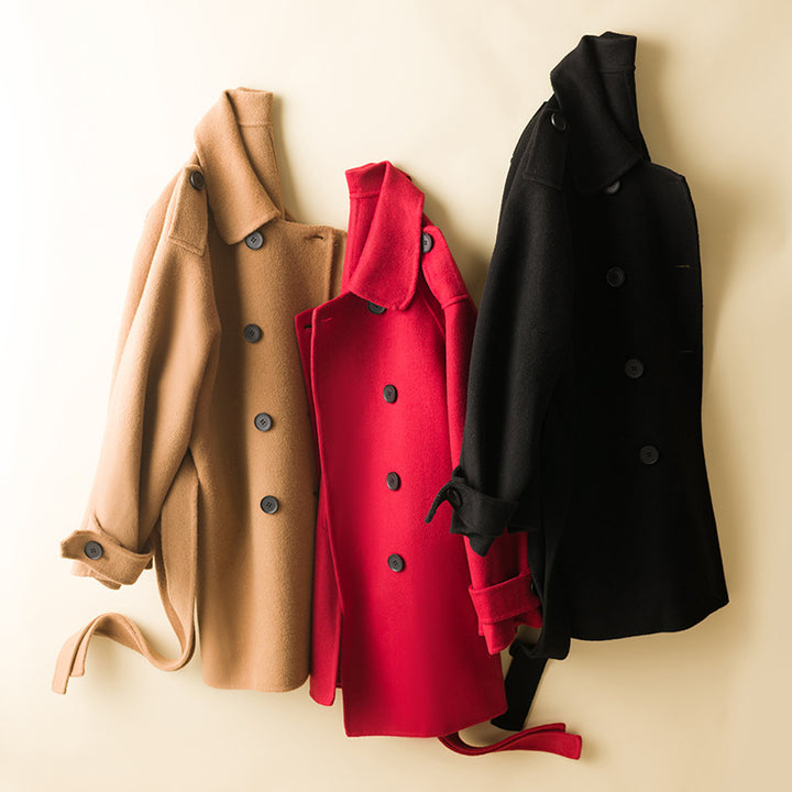 Women's Double-Breasted Wool Blend Coat with Waist Belt, Epaulettes and Adjustable Cuffs Mune Fashion
