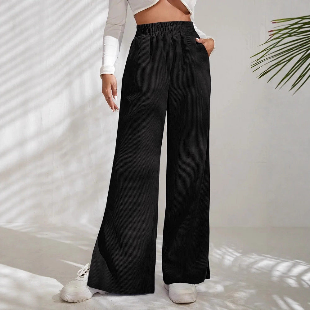 Women's Wide High-Waist Corduroy Lounge Pants with Elastic Waistband and Side Slits Drune