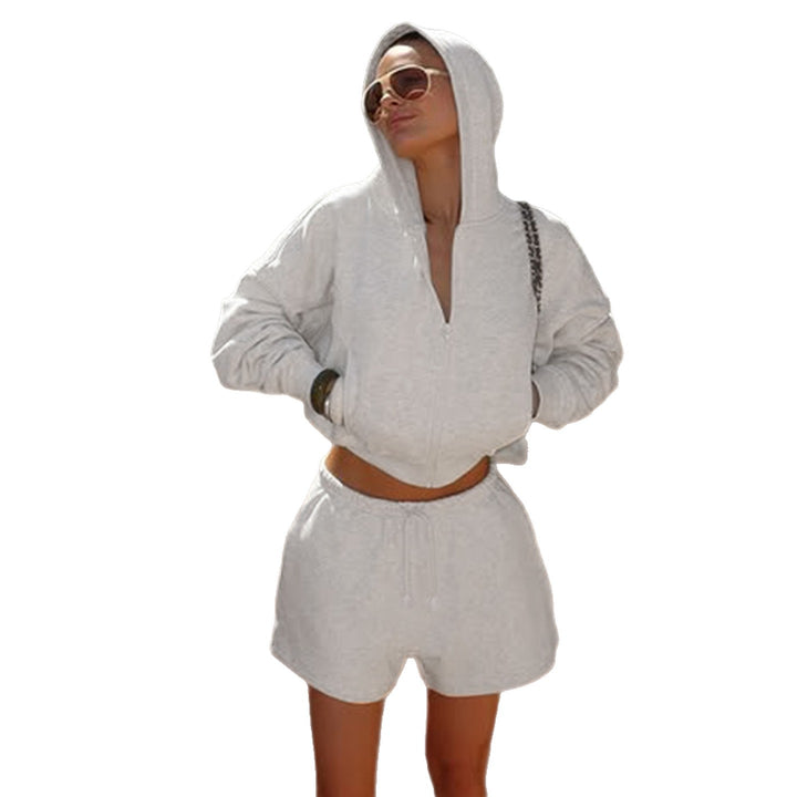 Women Nano Short Hooded Hoodie and Drawstring Shorts Lounge Set with Full Zip and High Waist Tie Mune Fashion