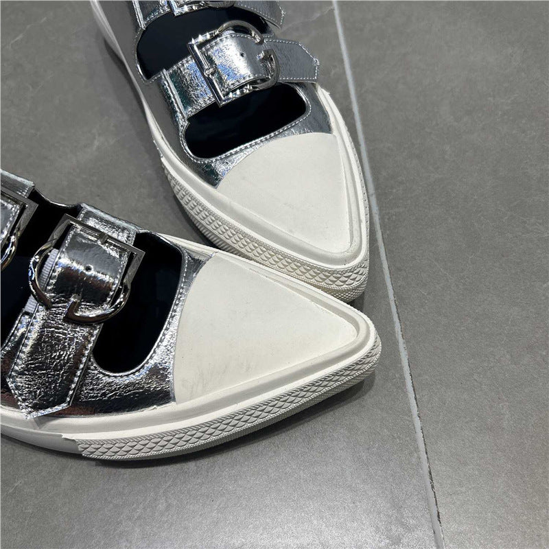 Women's pointed toe mule sneakers with double buckle straps and flat platform sole Mune Fashion
