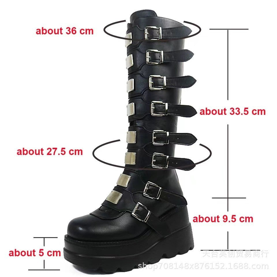 Women's platform knee-high gothic biker boots with multiple buckles and metal plates Mune Fashion