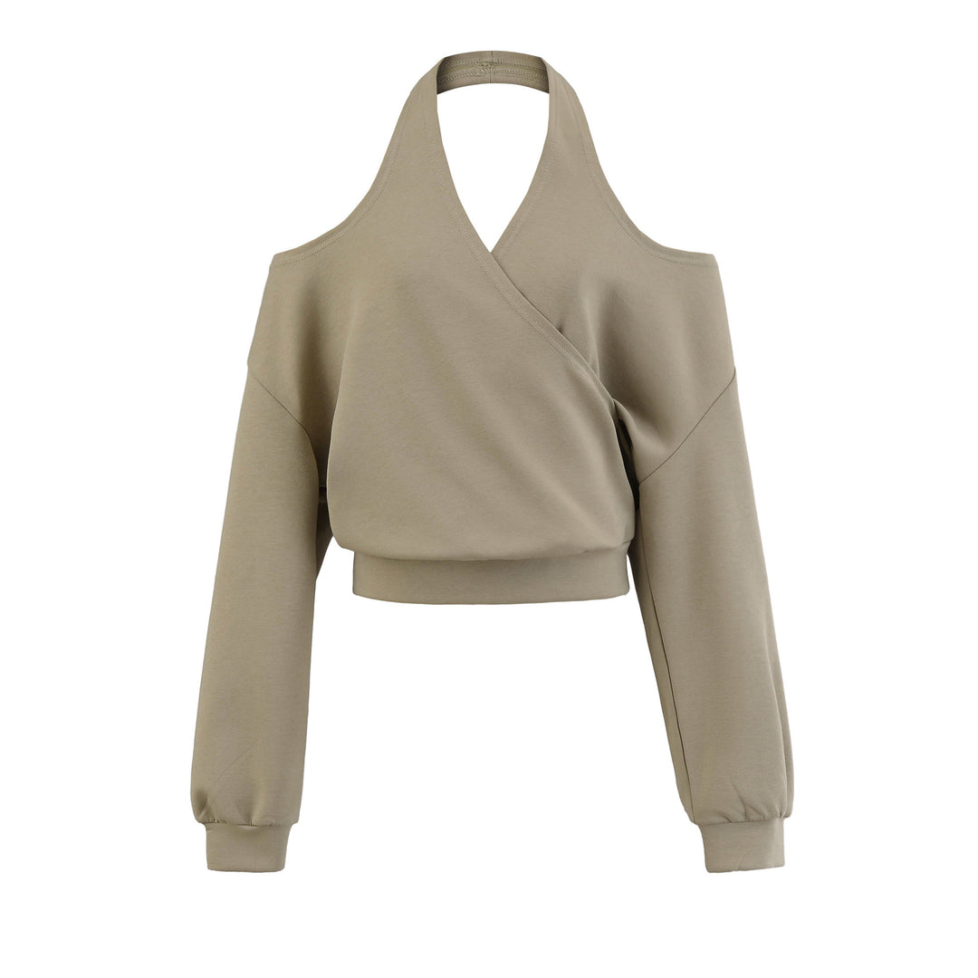 Women's Cropped Sweatshirt with Halter Neck, Cold-Shoulder and Wrap Look Mune Fashion