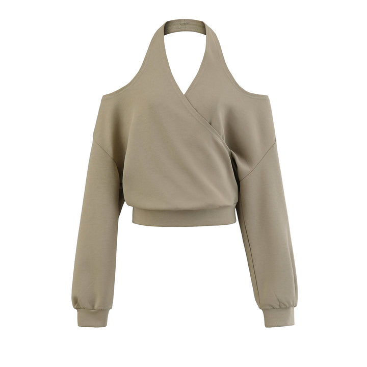 Women's Cropped Sweatshirt with Halter Neck, Cold-Shoulder and Wrap Look Mune Fashion