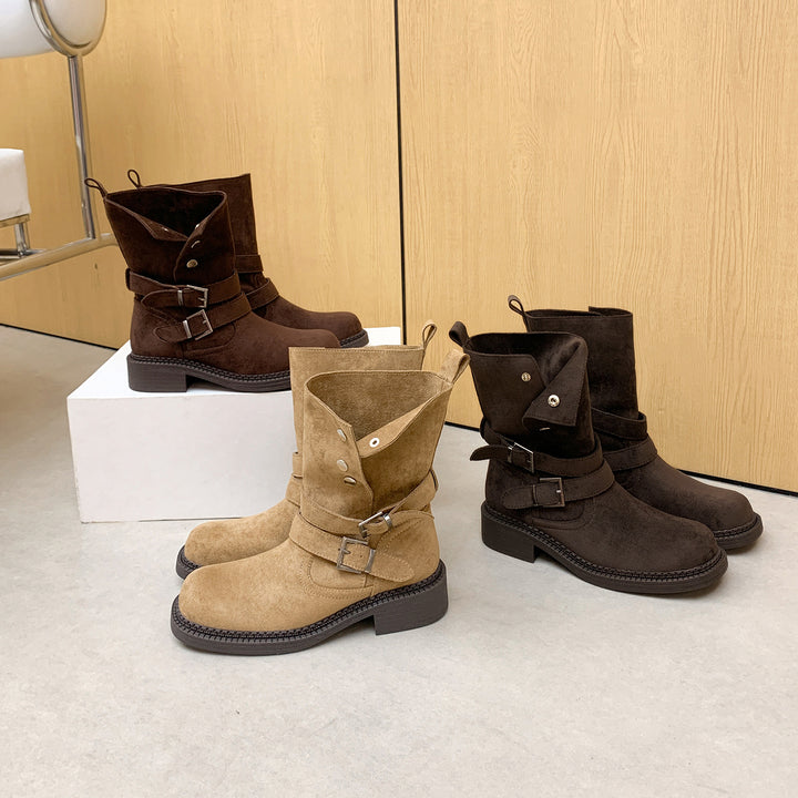 Women's Short Shaft Biker Boot made of Suede with Adjustable Buckles and Distinctive Block Heel Mune Fashion