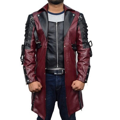 Men's Long Faux Leather Coat with Side Lacing, Buckles and Removable Zipped Inner Part Mune Fashion