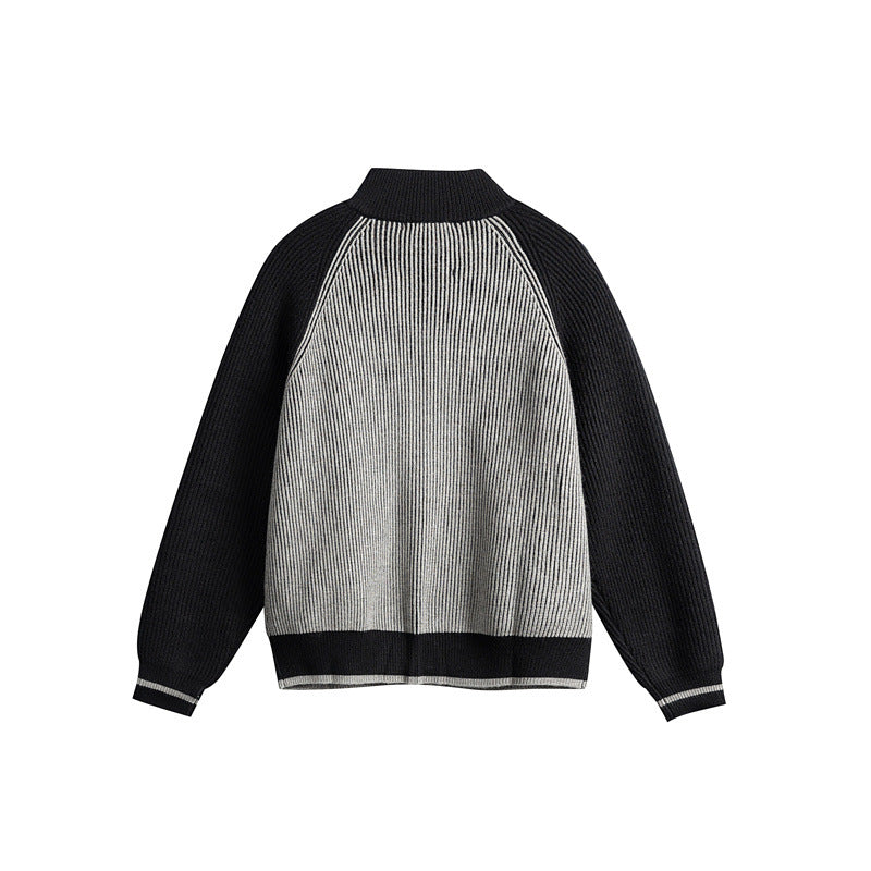 Unisex Knitted Zip Cardigan in Raglan Cut with High Stand-Up Collar and Rib Structure Mune Fashion