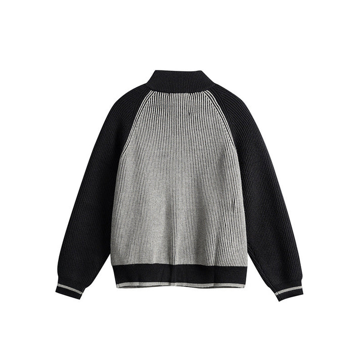 Unisex Knitted Zip Cardigan in Raglan Cut with High Stand-Up Collar and Rib Structure Mune Fashion