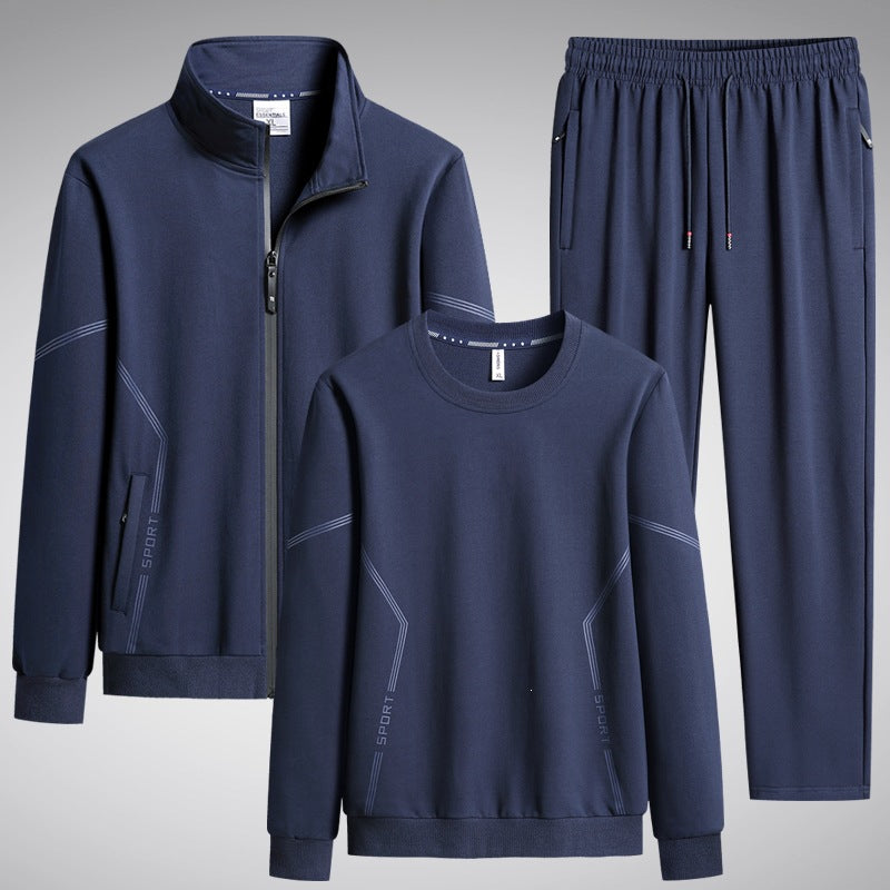 Men's Three-Piece Performance Training Set with Stand Collar Zip Jacket, Round Neck Sweater & Tapered Jogging Pants Mune Fashion