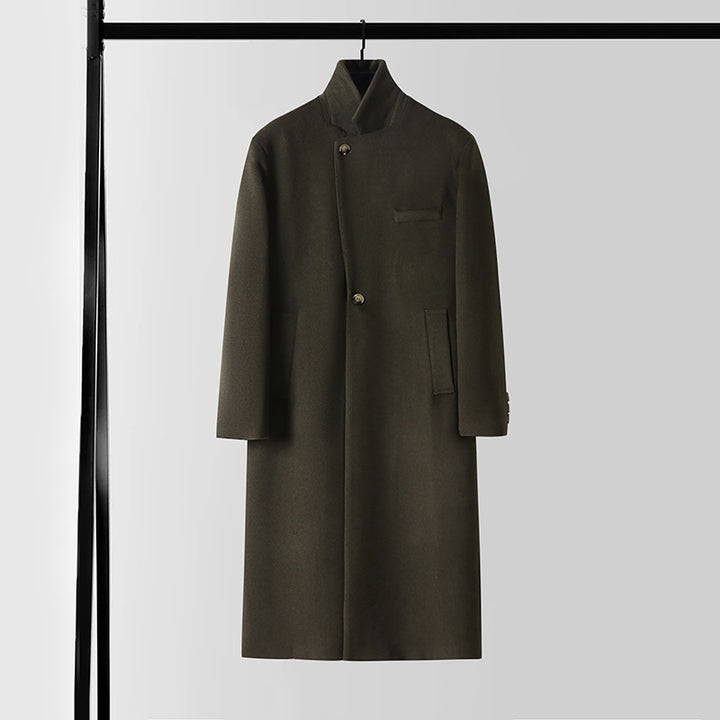 Men's Tailored Wool Blend Long Coat with Shawl Collar and One Button Closure Mune Fashion