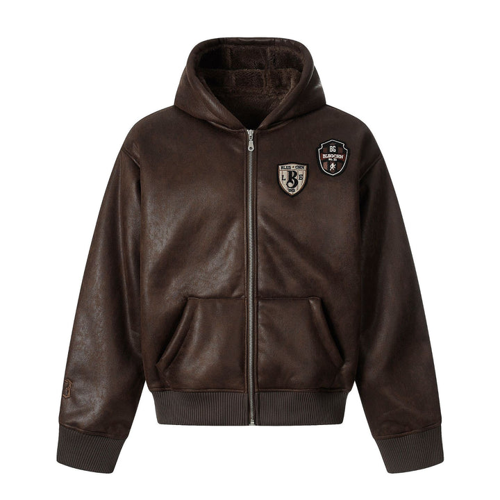 Men's hooded leather jacket with teddy lining and ribbed cuffs Mune Fashion