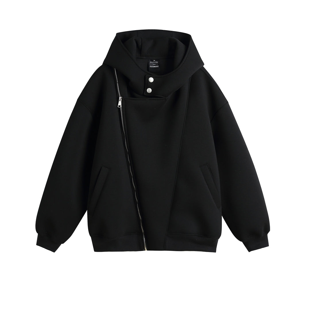 Unisex Oversize Hooded Zip Jacket with Asymmetrical Zip and High Funnel Collar Mune Fashion