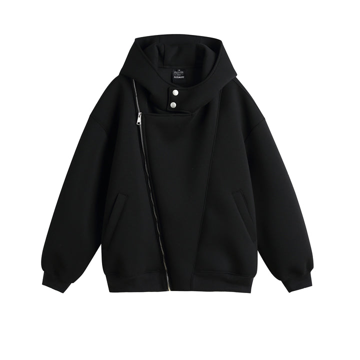Unisex Oversize Hooded Zip Jacket with Asymmetrical Zip and High Funnel Collar Mune Fashion