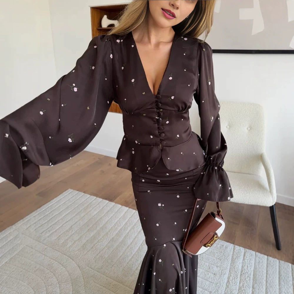 Women's Two-Piece Satin Set with Fitted Button Top and Mermaid Skirt Mune Fashion
