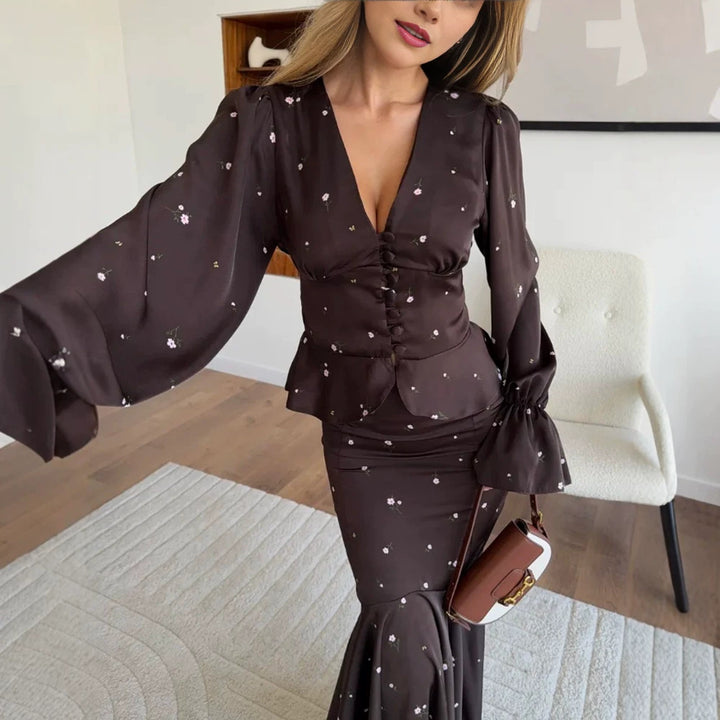 Women's Two-Piece Satin Set with Fitted Button Top and Mermaid Skirt Mune Fashion