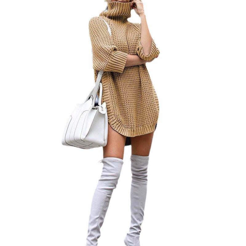 Women's Knit Mini Dress with Coarse Waffle Knit, Turtleneck and Extended Back Hem Mune Fashion