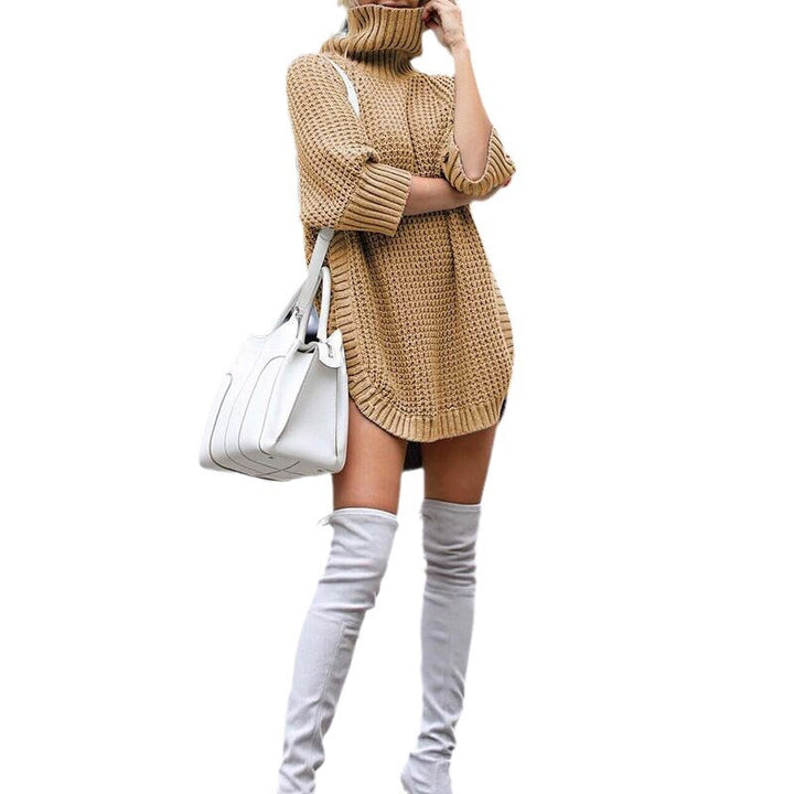 Women's Knit Mini Dress with Coarse Waffle Knit, Turtleneck and Extended Back Hem Mune Fashion