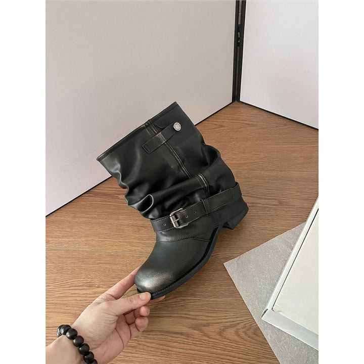 Women Slouch Biker Boots with Gathered Shaft, Decorative Buckle and Flat Profile Heel Mune Fashion