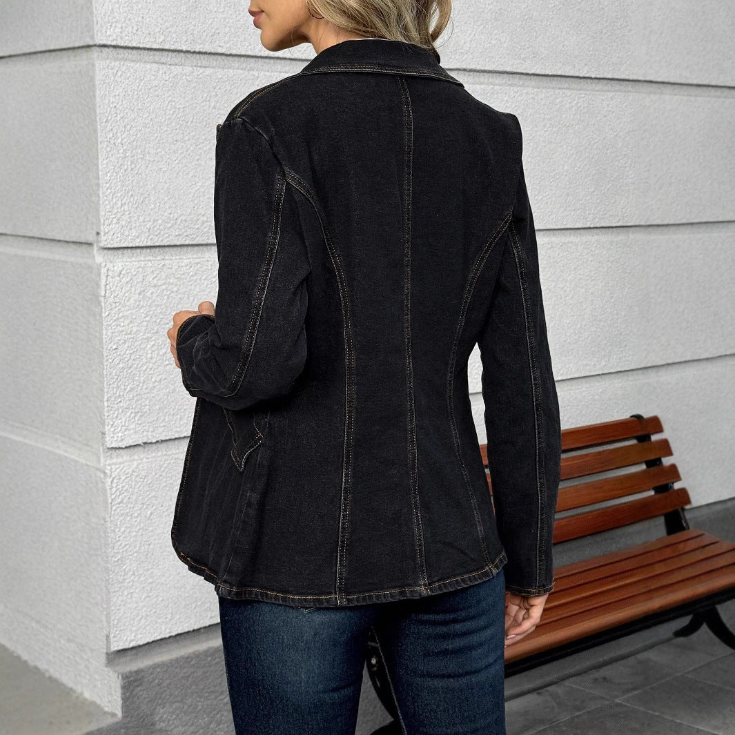 Women's tailored denim blazer with lapel collar and flap pockets Mune Fashion