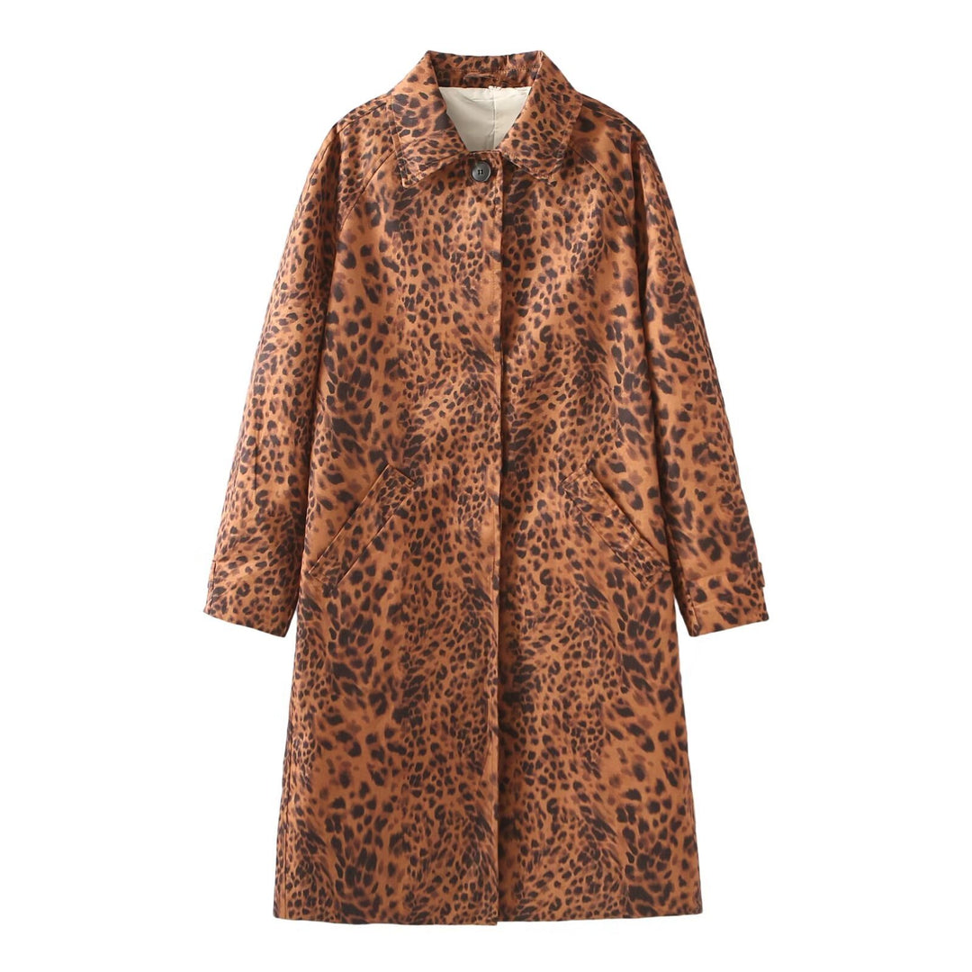 Women's longer satin coat in leopard print with notched collar, concealed button placket, and side pockets Mune Fashion