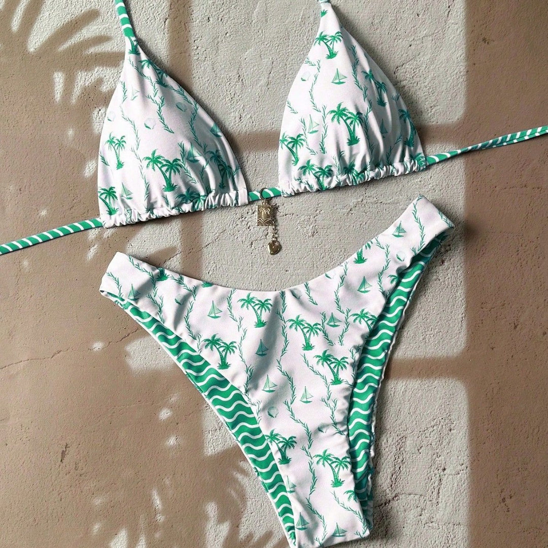 Women Triangle Bikini with Tropical Pattern Mune Fashion