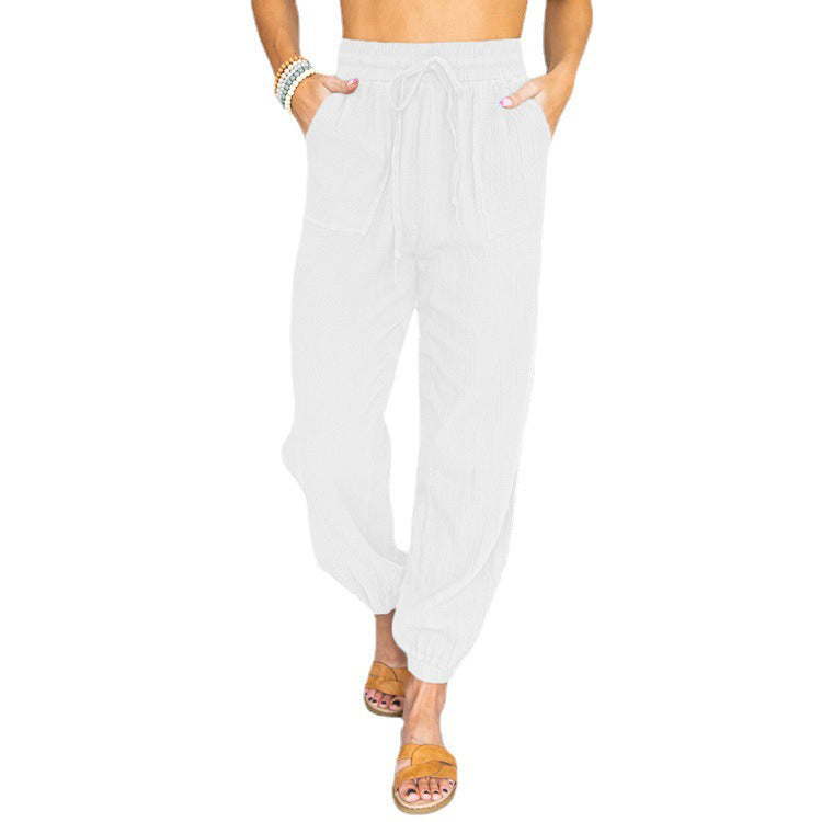 Women nan light linen look casual pants with high elastic waistband, drawstring, patched pockets and elastic ankle cuffs Mune Fashion