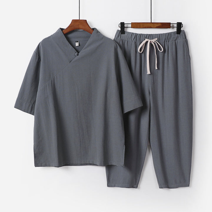 Men's Breathable Linen-Cotton Lounge Set with Asymmetrical V-Neck and Elastic Cord Pants Mune Fashion