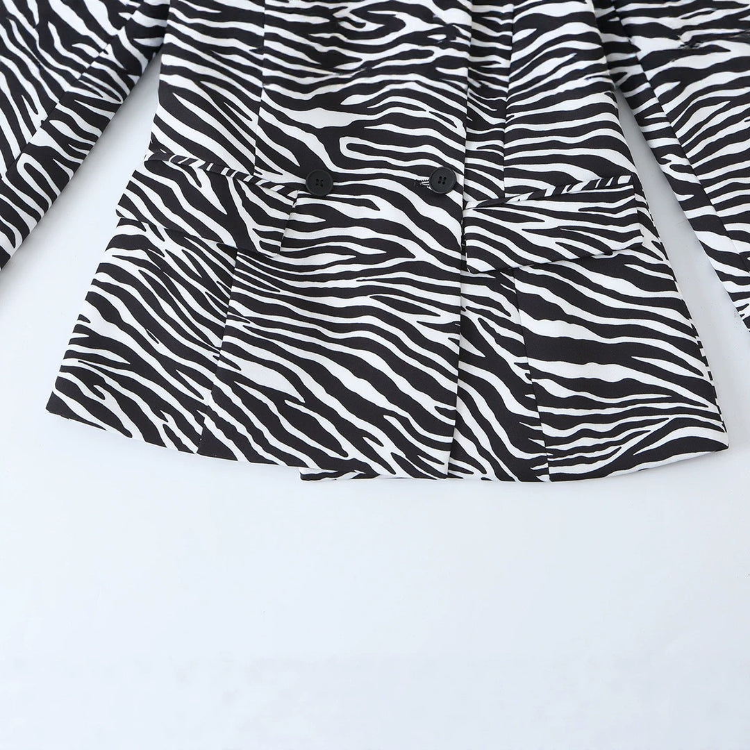 Women's Zebra Print Blazer in Tailoring Look with Double Breasted and Figure-Fitting Waist Mune Fashion