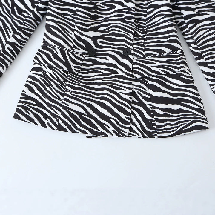 Women's Zebra Print Blazer in Tailoring Look with Double Breasted and Figure-Fitting Waist Mune Fashion