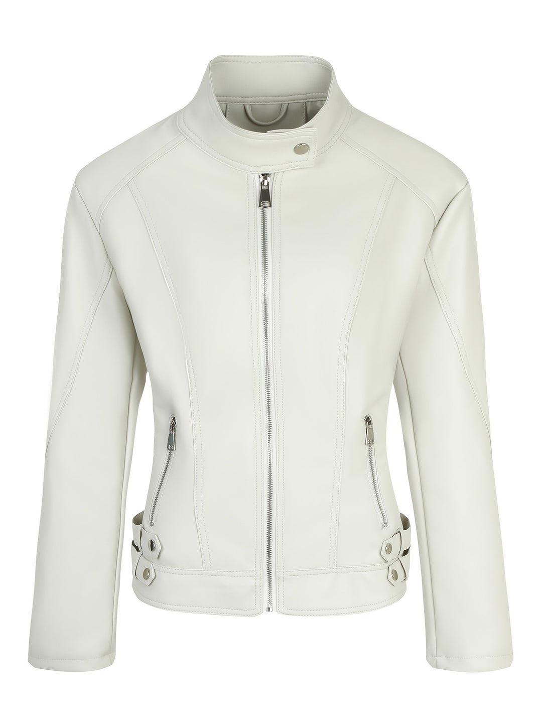 Women's short fitted motorcycle jacket made of faux leather with stand collar and buckle straps Mune Fashion