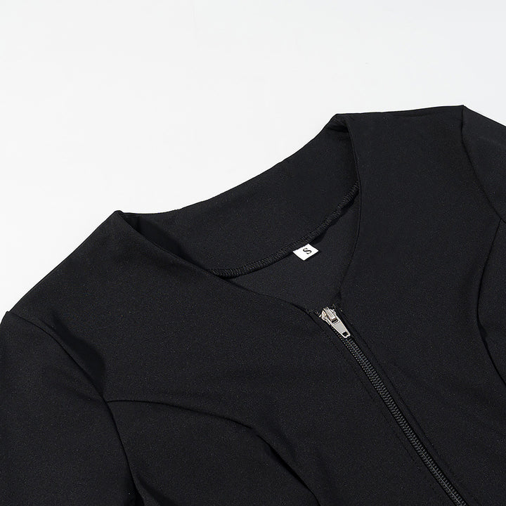 Women Tailored Short Jacket with Center Zipper and Lace Ruffles Mune Fashion