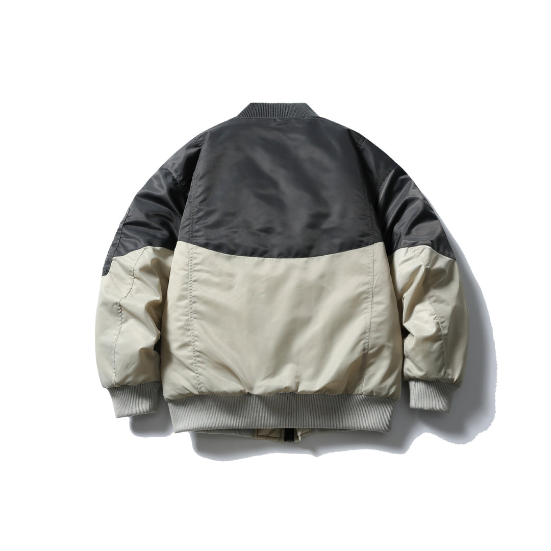 Unisex Short Cut Two-Tone Nylon Bomber Jacket with Utility Flap Pockets and Sleeve Zipper Mune Fashion