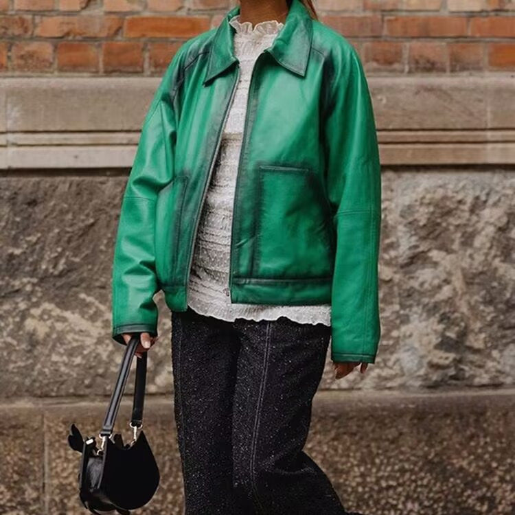 Women Boxy Faux Leather Jacket with Large Shirt Collar and Continuous Zipper Mune Fashion